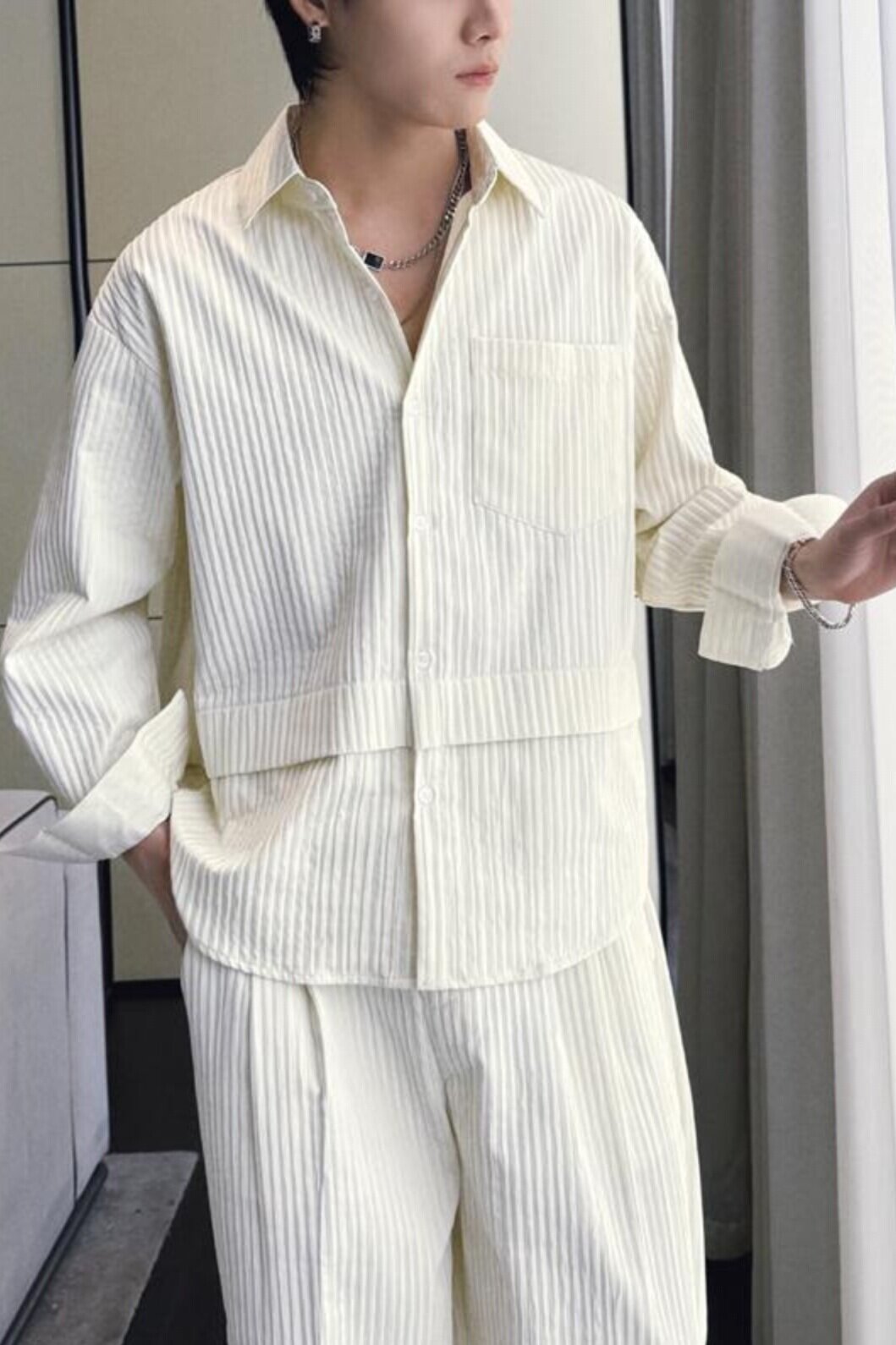 2025春夏男士高级条纹肌理感落肩设计感潮牌宽松衬衫A202CS621P70,男装衬衫,星座1311（原A202）
