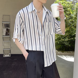 2025夏季男条纹短袖衬衫冰丝垂感轻熟风衬衣抖音A202CS918P55图片
