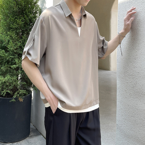 2025冰丝垂坠感宽松套头假两件短袖衬衫抖音A202CS013P55控78图片