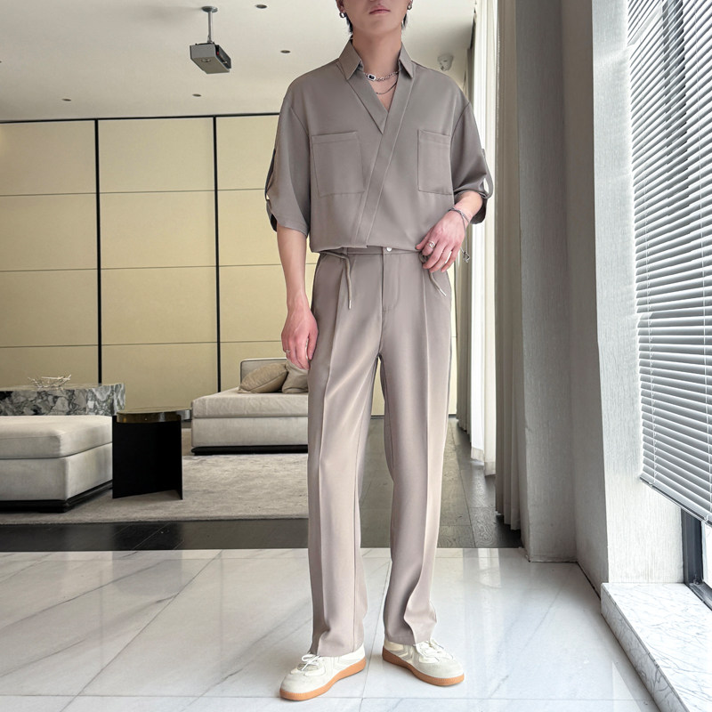 2025夏冰丝落肩短袖衬衫套装直筒休闲裤时尚两件套A202TZ128P120,男装休闲裤,星座1311（原A202）