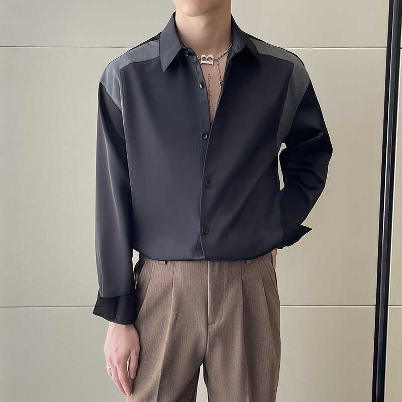 2025高级感男士秋冬英伦简约宽松拼皮宽松落肩长袖衬衫A202CS520图片