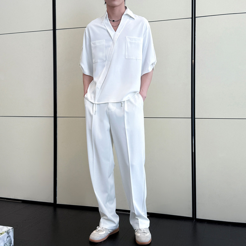 2025夏冰丝落肩短袖衬衫套装直筒休闲裤时尚两件套A202TZ128P120,男装休闲裤,星座1311（原A202）