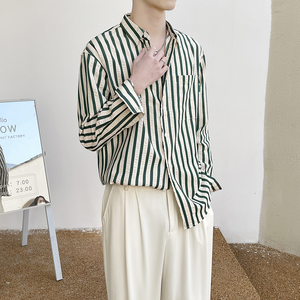 2025春夏新款男士韩版简约落肩宽松条纹长袖衬衫潮 A202CS308P65图片