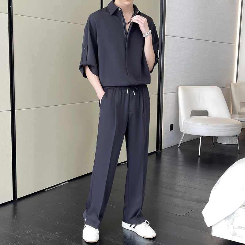 2025夏季冰丝高级短袖衬衫宽松小直筒休闲裤套装A202TZ719P125,男装T恤,星座1311（原A202）