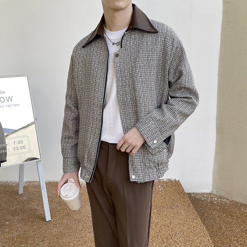 2025春夏新款男士拼接皮翻领宽松夹克外套抖音A202JK1669P125,男装夹克,星座1311（原A202）