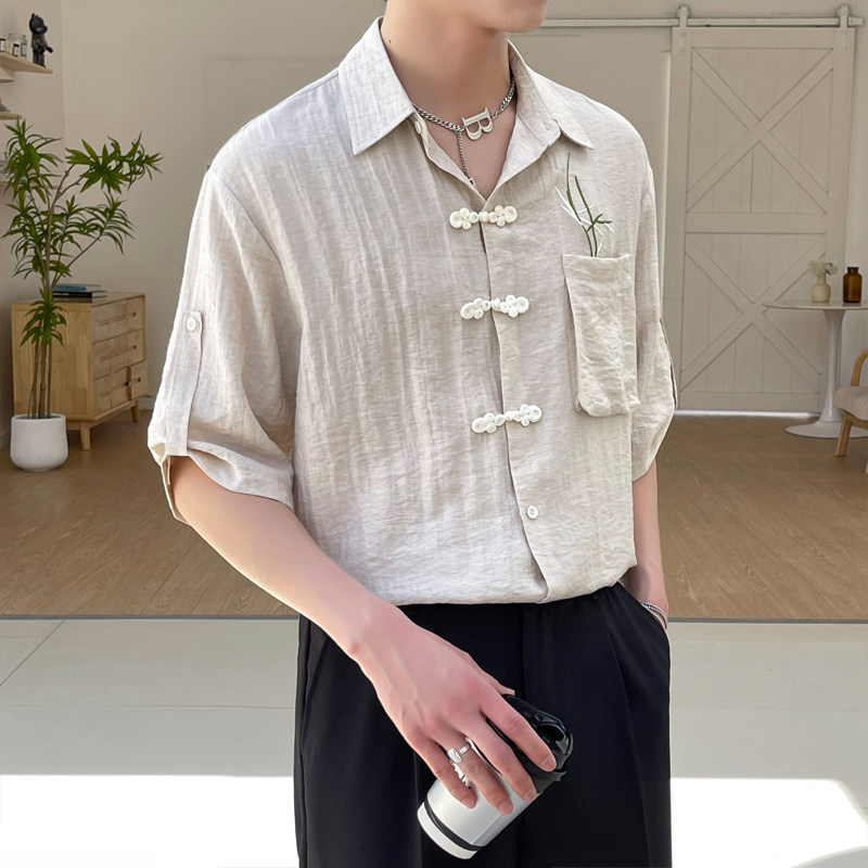 2025夏新款男士新中式宽松绣花亚麻透气短袖衬衫潮A202CS9019P60,男装衬衫,星座1311（原A202）