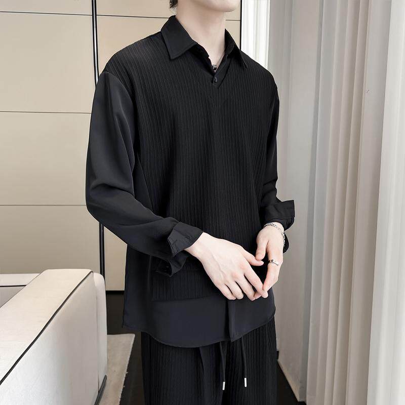 2025秋冬新款拼接假两件套头长袖衬衫落肩宽松男衬衣A202CS953P65,男装衬衫,星座1311（原A202）