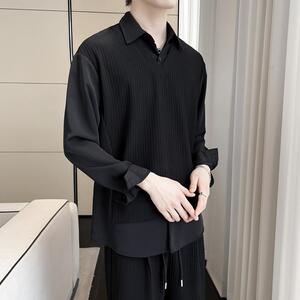 2025秋冬新款拼接假两件套头长袖衬衫落肩宽松男衬衣A202CS953P65图片