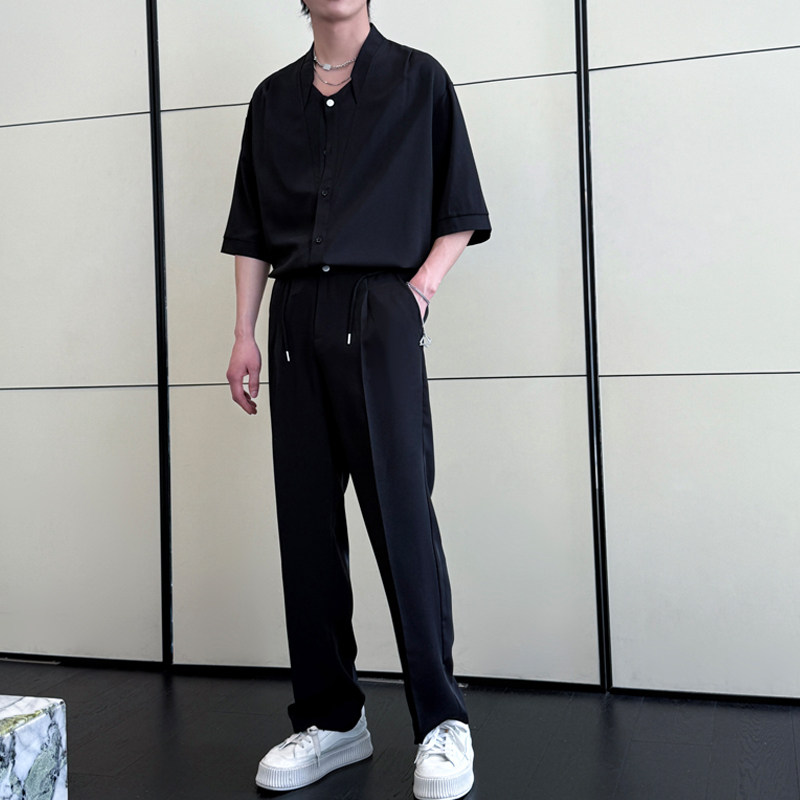 2025夏新款男士短袖衬衫潮流痞帅冰丝直筒长裤套装A202TZ615P120,男装衬衫,星座1311（原A202）