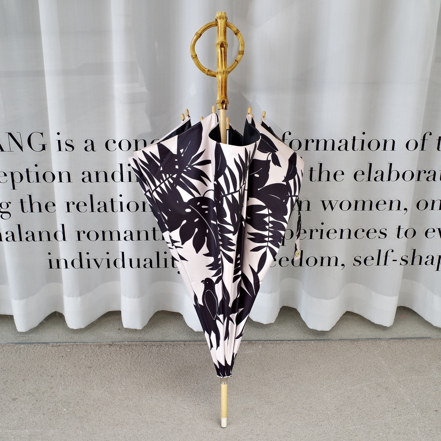 热带植物剪影龟背竹小鸟叶子清新黑胶防晒女洋伞木头伞骨圆竹手柄