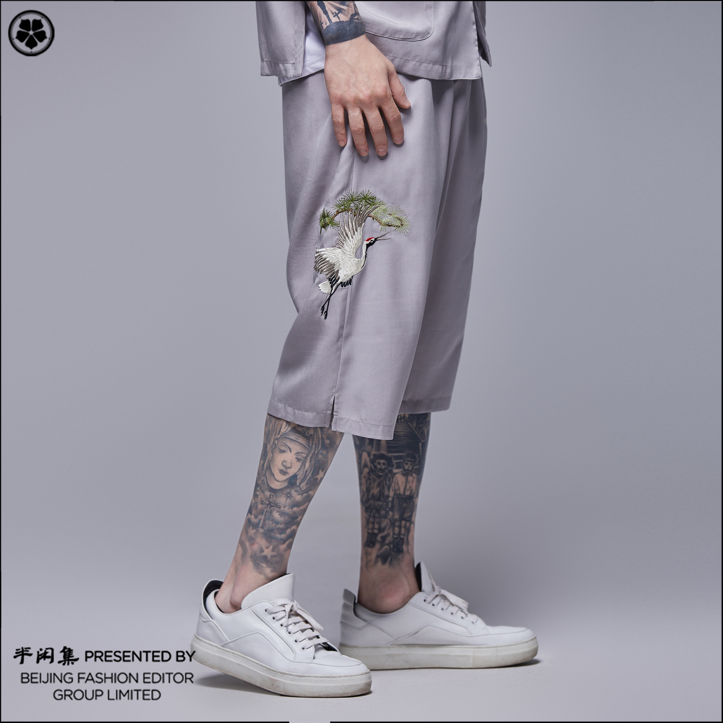 半闲集中国风短裤男装国潮牌复古刺绣春夏款原创青松白鹤休闲裤子