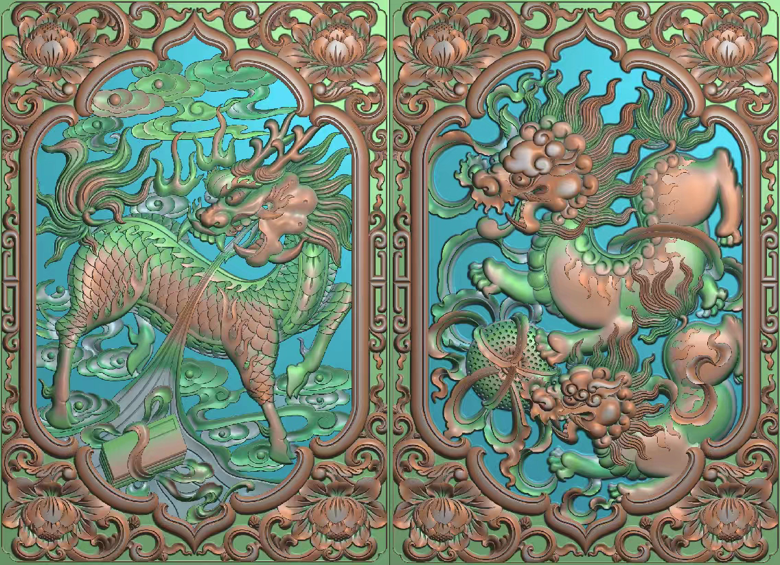精雕图浮雕藏式挂壁 花框麒麟狮子 动物灰度图东阳木雕工艺品手工