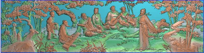 竹林七贤0086东阳木雕工艺品挂件挂屏屏风手工雕刻扫描精雕图