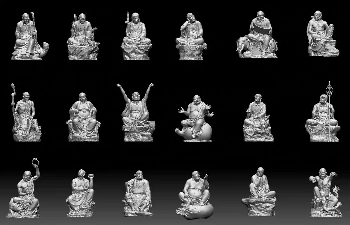 精雕图圆雕精品佛像人物 十八罗汉STL 18罗汉灰度图东阳木雕工艺