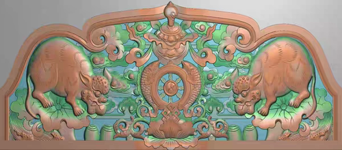 精雕图浮雕藏式 床靠背吐宝鼠组合八宝 动物灰度图东阳木雕工艺品