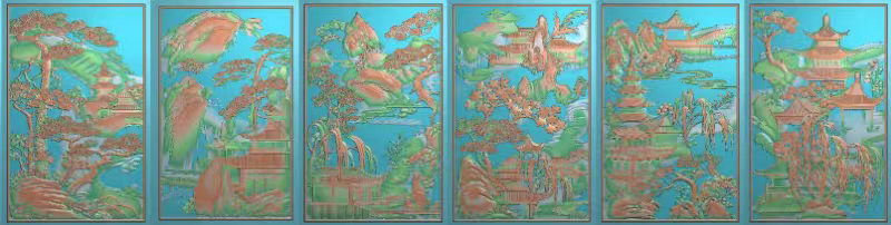 精雕图浮雕精品6块 竖山水房子花板WQ 灰度图东阳木雕工艺品手工