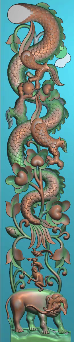 精雕图浮雕藏式寺庙真龙 龙柱贴头 动物大象猴子灰度图东阳木雕