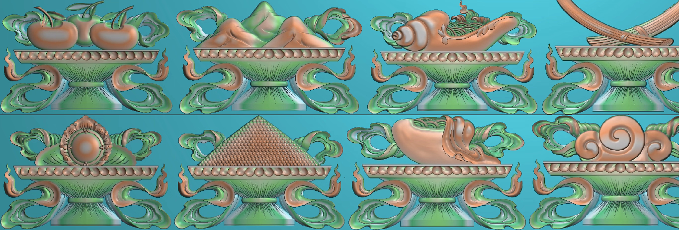 精雕图浮雕八珍宝 藏式贡品1 法宝法器灰度图东阳木雕工艺品手工