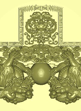 双狮金钩梁徽派古建装修建筑构件冬瓜梁扫描精雕图手工