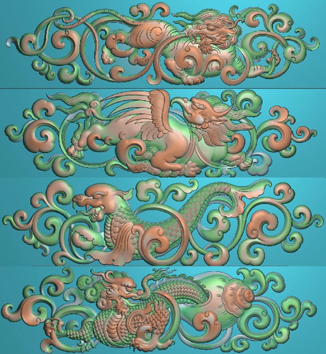 精雕图浮雕藏式 四大王MNP 龙大鹏鸟海豹狮子动物灰度图东阳木雕