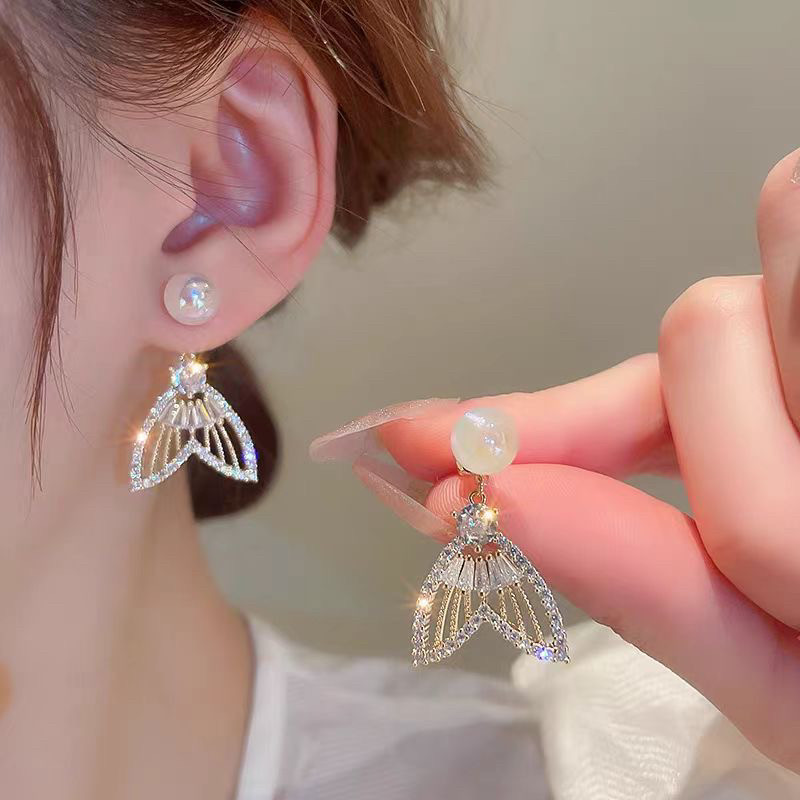 锆石超仙人鱼姬鱼尾耳环前后两戴耳环