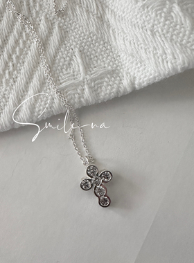 韩国进口小众925纯银法式精致锆石镶嵌十字架吊坠项链颈链锁骨链