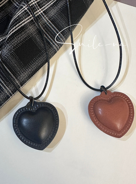 韩国进口小众PU爱心925纯银吊坠时尚百搭皮质毛衣链项链黑绳项链