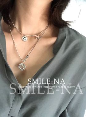 韩国进口925纯银笑脸女锁骨链