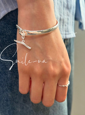 韩国进口小众款S925纯银半镯链条拼接OT扣时尚百搭手镯手链女