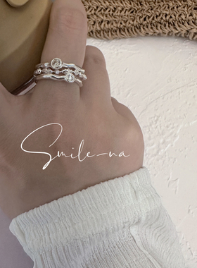 韩国进口S925纯银镂空镶钻米粒珠多层肌理面开口戒指女指环