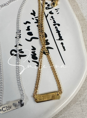 韩国进口小众款S925纯银长方形字母时尚百搭项链锁骨链颈链女