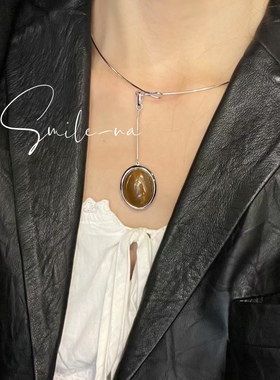 韩国进口小众设计师款925纯银时尚木纹石吊坠项圈锁骨链项链女