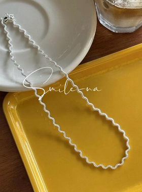 韩国进口小众设计S925纯银波浪纹抽拉尾链时尚项链锁骨链女 颈链