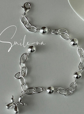 韩国进口小众款S925纯银圆珠银球气球狗立体吊坠可爱百搭手链手环