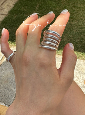 韩国进口925纯银小众设计款多层镂空时尚线圈戒指宽面戒指指环