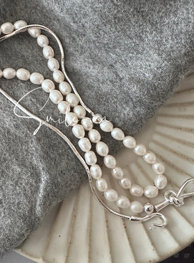 韩国进口设计款925纯银天然珍珠锁骨链时尚百搭拼接蛇骨毛衣链