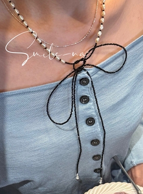 韩国进口S925纯银天然淡水珍珠黑晶石拼接时尚长款双层项链毛衣链