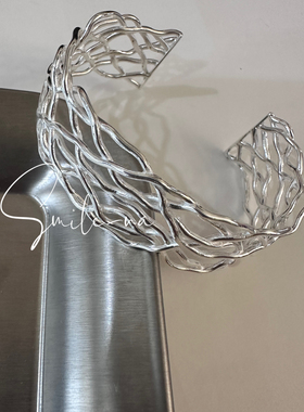 韩国进口小众设计款925纯银不规则线条编织宽面时尚百搭手镯手环