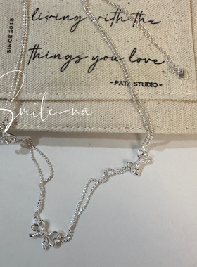 韩国进口小众S925纯银镶嵌锆石蝴蝶结双层闪珠拼接锁骨叠戴项链女