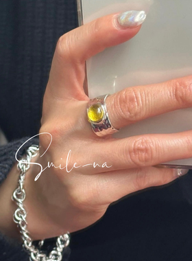 韩国进口小众设计师925纯银天然黄石不规则锡纸造型面宽戒指指环