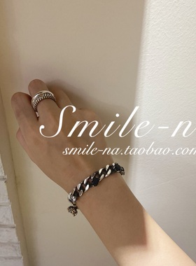 韩国进口925纯银做旧手环大宝石