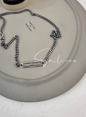 韩国进口925纯银拼接坦克链条重工英文吊牌复古做旧项链锁骨链