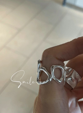 韩国进口925纯银几何镂空拼接异性时尚开口百搭戒指指环