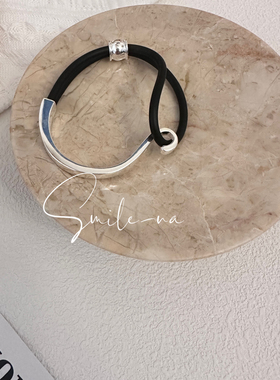 韩国进口小众设计款925纯银黑皮绳不对称拼接时尚手镯手环女