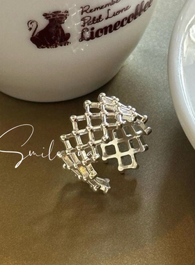 韩国进口S925纯银戒指编织麻花镂空网格戒指指环 开口百搭戒指