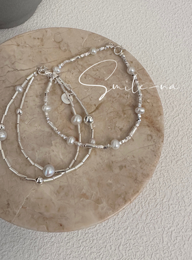 韩国进口925纯银小众设计款天然不规则淡水珍珠碎银银珠手链手环