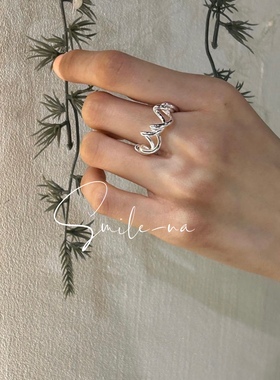 韩国进口925纯银小众线条波浪不规则缠绕时尚百搭开口戒指 指环