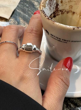 韩国进口小众925纯银可爱立体牛角包造型戒指羊角螺纹开口指环