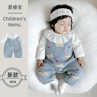 婴儿春装牛仔背带裤套装宝宝春季衣服上衣裤子女宝春秋洋气外出服
