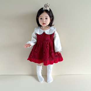秋冬宝宝百日宴连衣裙婴儿周岁生日礼服裙两件套 女童公主裙套装